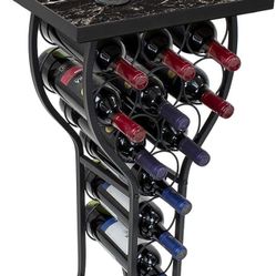Wine Rack Console for Home Bar - Mini Wine Stand with Faux Black Marble Table Top - Durable Metal Freestanding Wine Storage Cabinet Shelf - Wine Racks