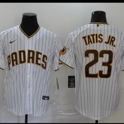 Size Small, Medium, Large, And XL          Nike San Diego Padres Tatis Jr. #23 MLB Baseball Jersey White & Brown Pinstripe