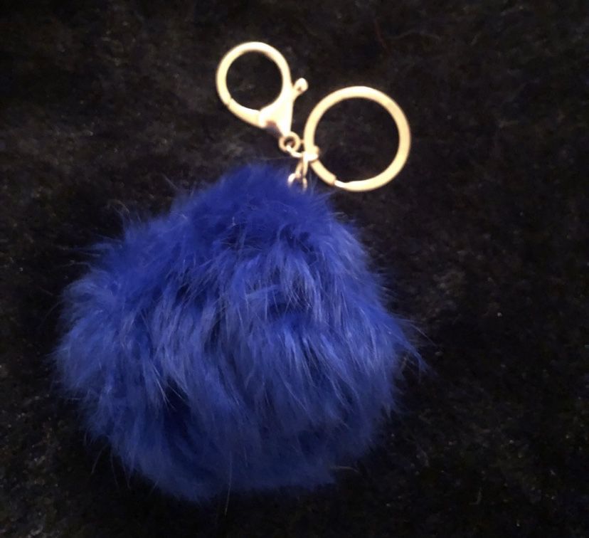 Dark Blue Colored Puff Ball Keychain 