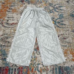 Silver Wide Leg Windbreaker Pants with Bows