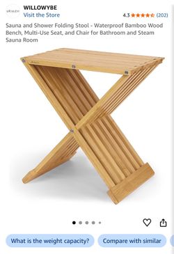Sauna and Shower Folding Stool - Waterproof Bamboo Wood Bench, Multi-Use Seat, and Chair for Bathroom and Steam Sauna Room Product Images and Videos (