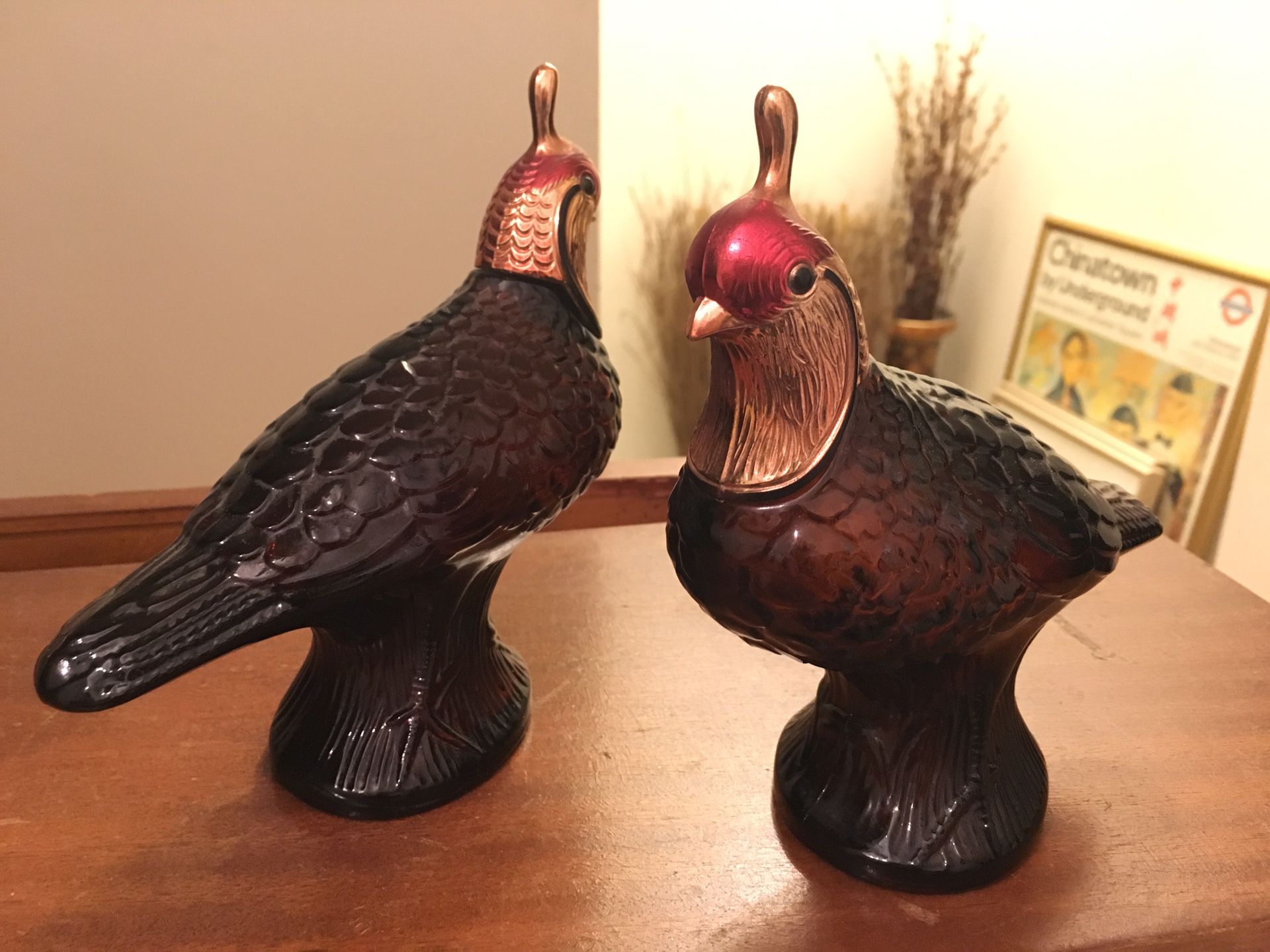 Pair of Vintage Collectible Avon Glass Quail Fragrance Decanter Figurines