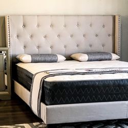 Brand New Full Size Beige Tuffed Linen Bed Frame With New Mattress/Fast Delivery
