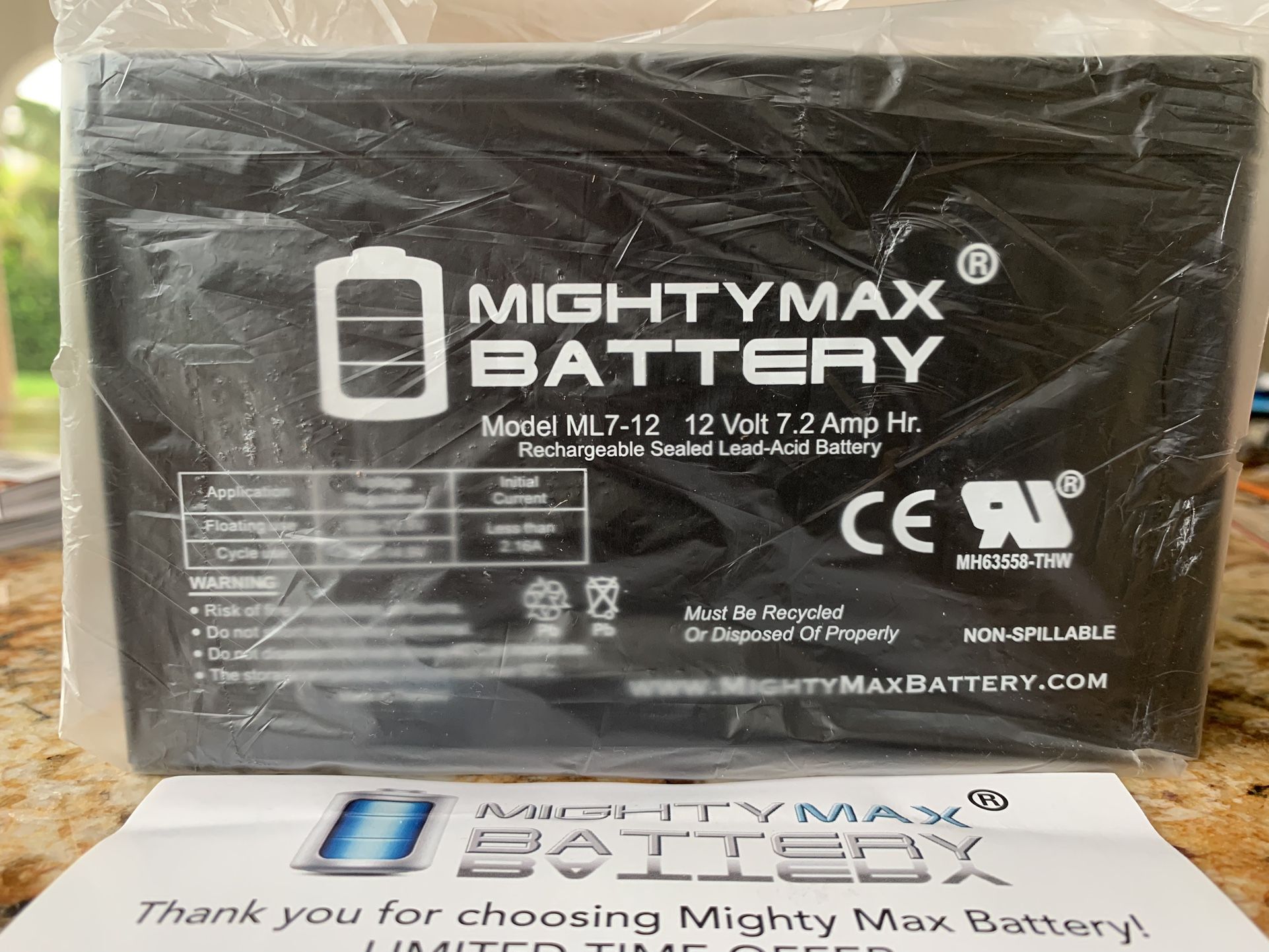 12 Volt 7.2 AMP MIGHTY MAX RECHARGEABLE BATTERY BRAND NEW IN BOX ML7-12