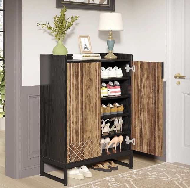 XK00529 Shoe Cabinet with Doors, 5 Tiers Shoe Storage Cabinet for Entryway, 25 Pairs Wooden Shoe Cabinets, Modern Shoe Organizer Storage for Living R