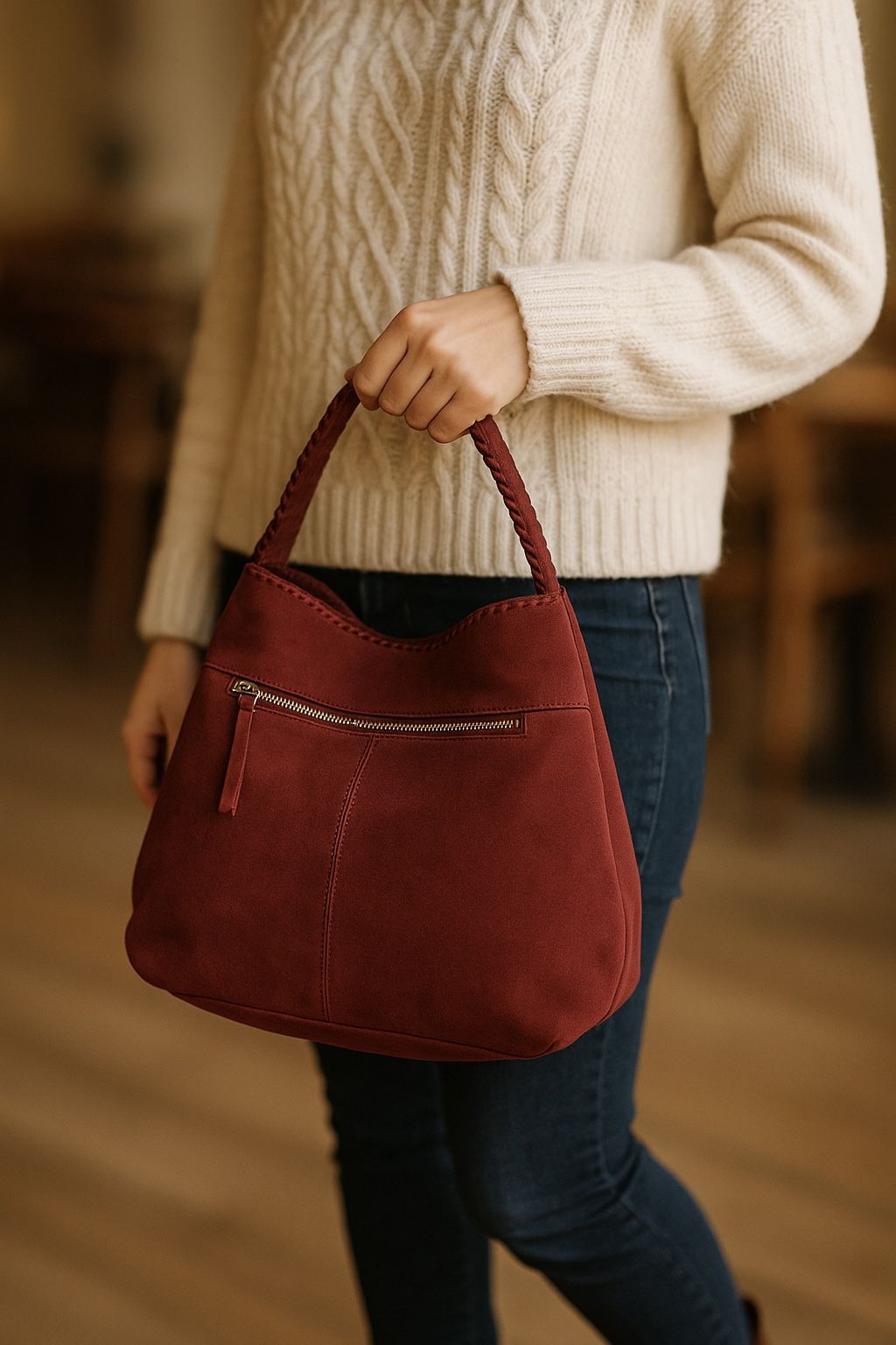 New Genuine Suede Burgundy Whipstitch Hobo Shoulder Bag Short Handle Wide Base