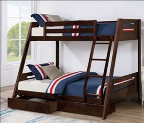 Brand New Espresso Twin over Full Bunk Bed w Trundle Drawers