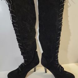 Black Velvet Platform Thigh High Boots, Lace Up, Cone Heel, Women's Size 8, New
