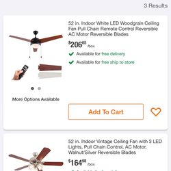 (New) Simpol Home 52in. Indoor Ceiling Fan With LED light Wall Control Reversible AC motor Walnut/Oak Reversible Blades