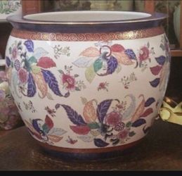 12" x 16"   Vintage Porcelain Chinese Tobacco Leaf Design Fish Bowl Planter