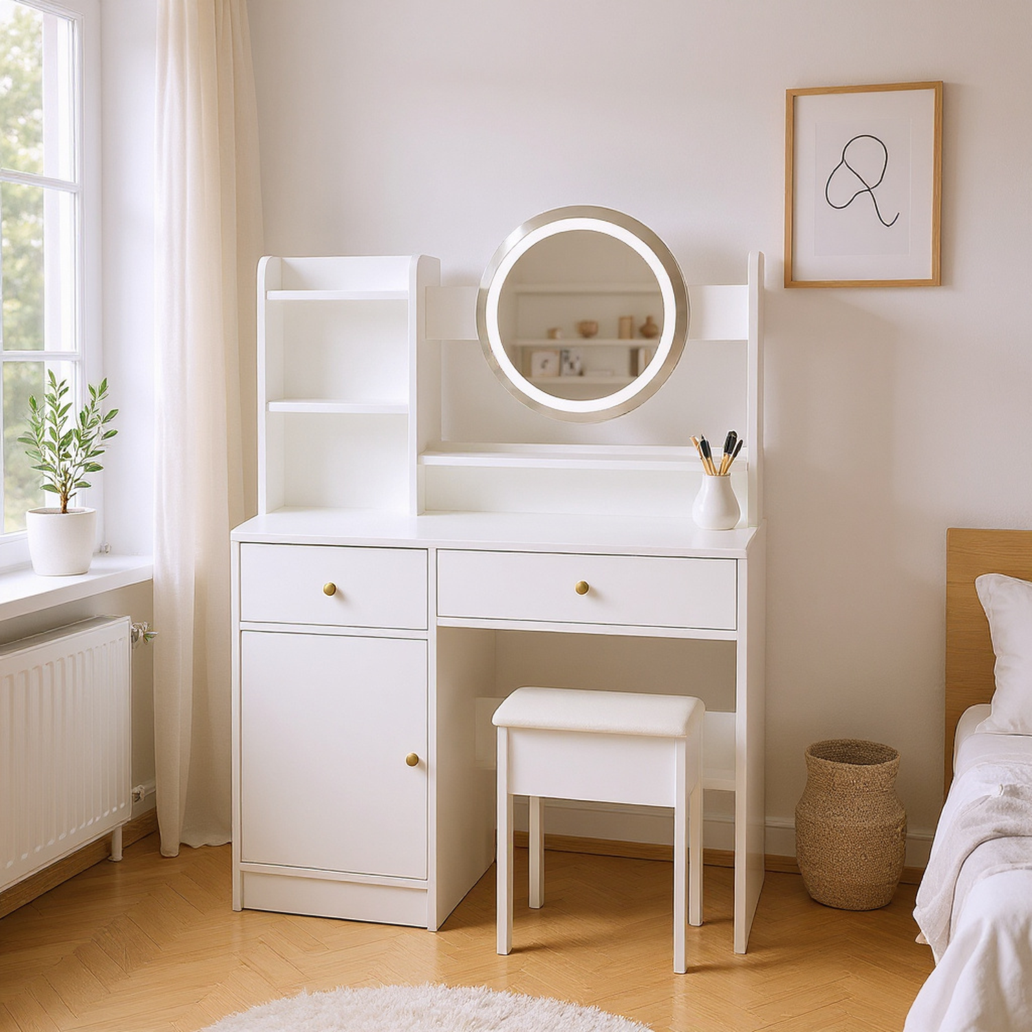 Fashion Vanity Desk with Mirror and Lights for Makeup and Cushioned Chair, Vanity Mirror with Lights and Table Set with 3 Color Lighting Brightness Ad