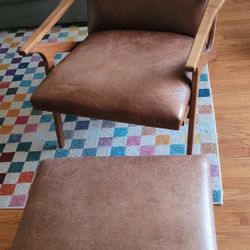 Crate & Barrel Cavett Ash Wood Leather Accent Chair & Ottoman