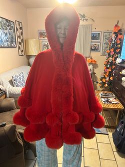 Red Hooded Cape with Fur Pom-Pom Trim