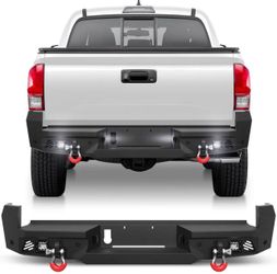 Pofenze Fits 2016-2023 Tacoma Rear Bumper Full Width Offroad Bumper W/Step Plate, 2x18w Lights, D-Rings, License Plate Lights For 2016-2023 Tacoma 3rd