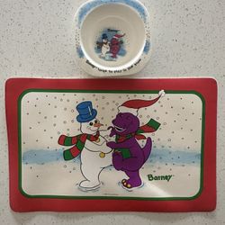 Vintage 1993 Barney “ Loves To Play In the Snow” Placemat & Bowl Plastic Christmas