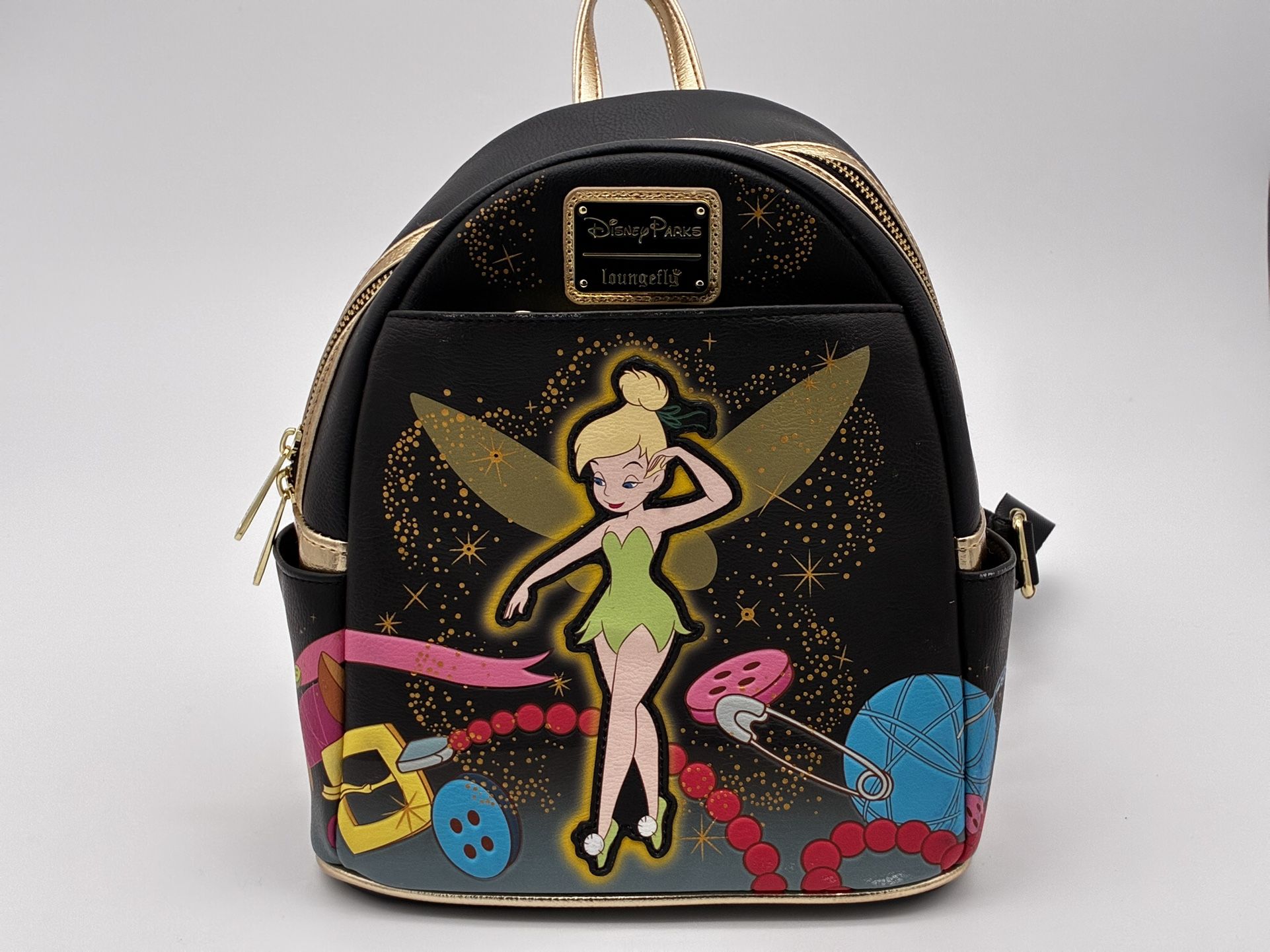 Disney Park Loungefly Tinker Bell Backpack Black Gold Fairy Sparkle Faux Leather