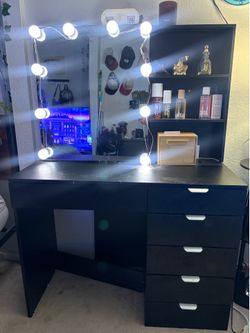 Black vanity with sliding mirror 6 drawers