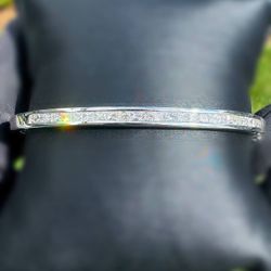 14K White Gold 2.5CTW Natural Diamond Princess Cut Bangle Tennis Bracelet 7” 3mm