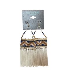 Vintage Sophia & Kate Beaded Fringe Earrings Blue/Tan
