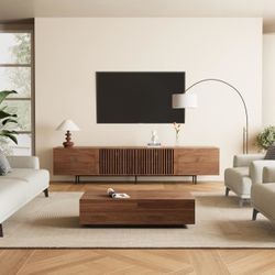 Mid Century Modern TV Stand, 94.5”Wife Walnut TV Console for 80+ TVs Long Media Console with Ample Storage, Solid Wood Veneer, Ventilated Doors, Enter