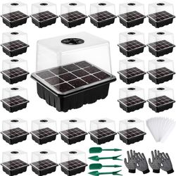 24 Pack Seed Starter Tray with Elevated Lid 288 Cells Mini Greenhouses Germination Kit with with Humidity Domes and Plastic Seeding Tools Labels Glove