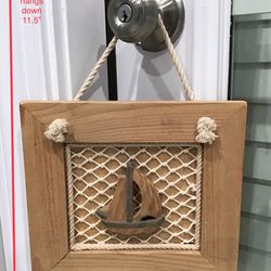 Small Wood Framed Hanging Wooden Sailboat with Rope Accents