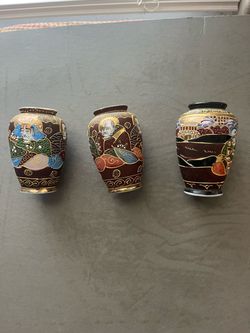 Set of 3 Vintage Japanese Hand-Painted Satsuma-style miniature 4” Vase