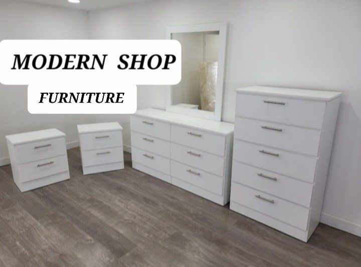 DRESSER WITH MIRROR CHEST AND TWO NIGHTSTANDS