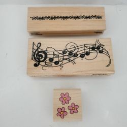 1 Stampendous Music Notes & 2 Stampabilities Flowers &Border Wood Rubber Stamps 