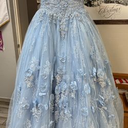 Stunning Quinceañera Dress – Bahama Blue with Rhinestones & Silver Sequins (Size 0)