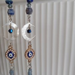 Tarnish-Free Crescent Moon Earrings Silver Plated Brass with Oval Evil Eye Charm