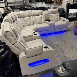117"W Ice Leather Aire Transformer Power Reclining Sectional Sofa with Power Headrest, Bluetooth Speakers, LED Lights, USB Ports, Storage & Cupholders