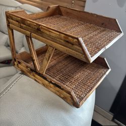 Vintage bamboo 2-tier rattan desk organizer