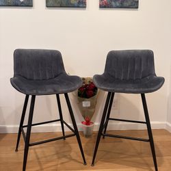 Modern Grey Velvet Bar Stools – Set of 2 | Like New