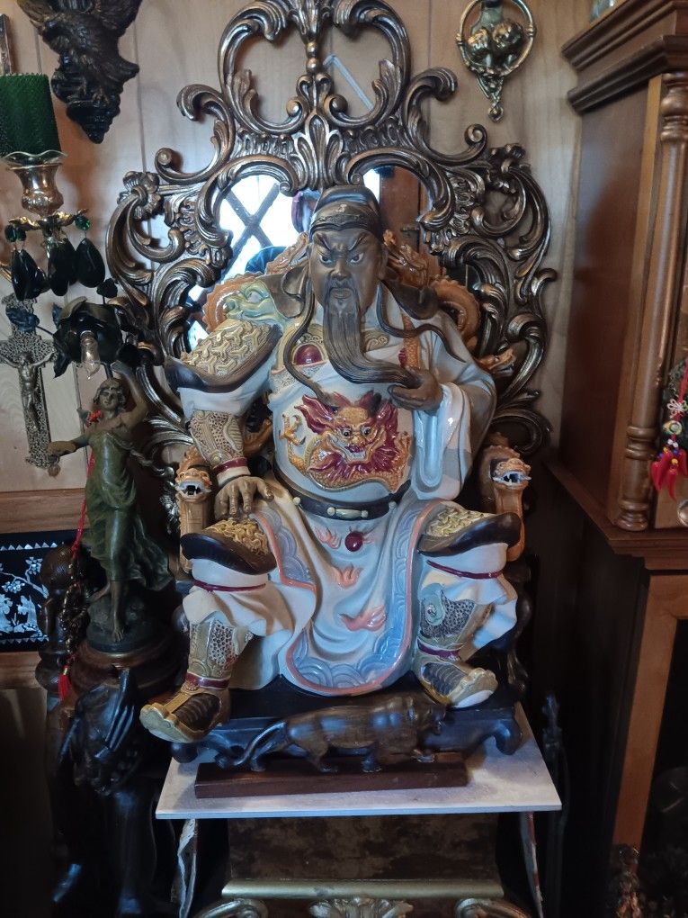 Extra Large  "Wucai" Porcelain Sitting Mammon Money Wealth Of God With Dragon Seat