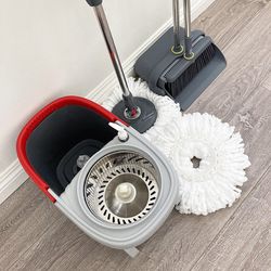 $35 New in box (Combo Set) Broom Dustpan & Spin Mop Wheels Extended Handle with 2pc Microfiber Mop Heads