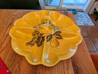 MCM, vintage Los Angeles pottery serving dish with handle, veggie tray, sectioned,  fruit motif, hand painted dated 1965