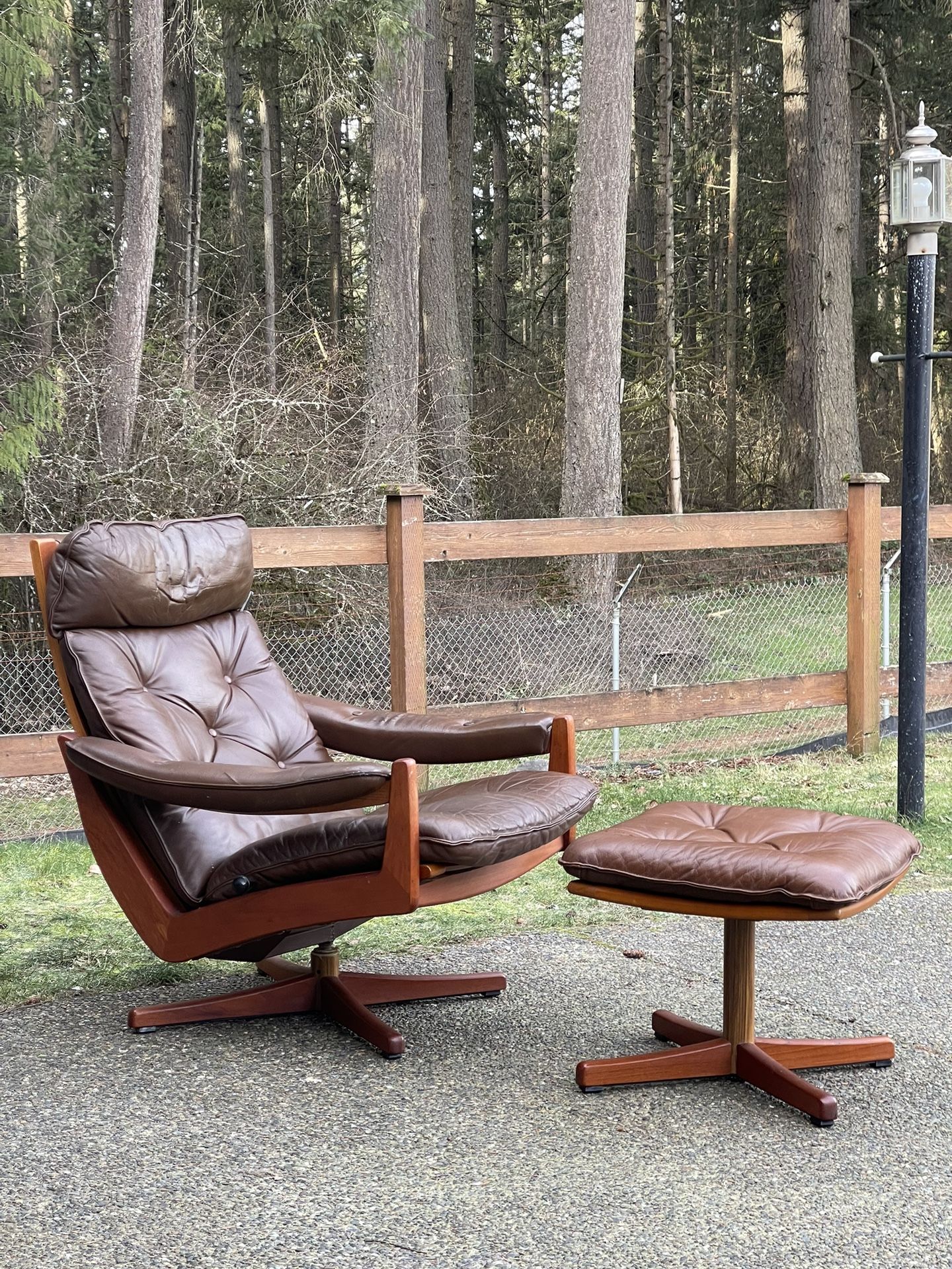 Mid Century Modern Scandinavian Teak and Leather Reclining Armchair  & Stool  from Lied Mobler, 1960s,