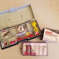 Small Fishing Tackle Box, Trouter Lures, And Zebco Spinning Reel