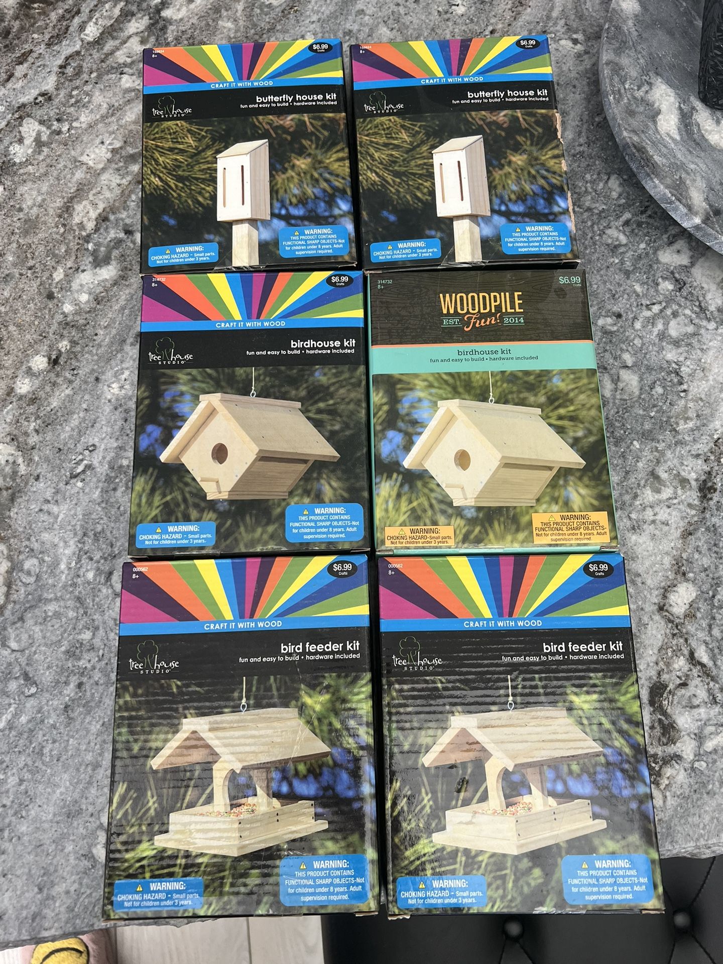 Crafts to build and paint 2 bird feeders 2 bird houses, and 2 butterfly houses! 