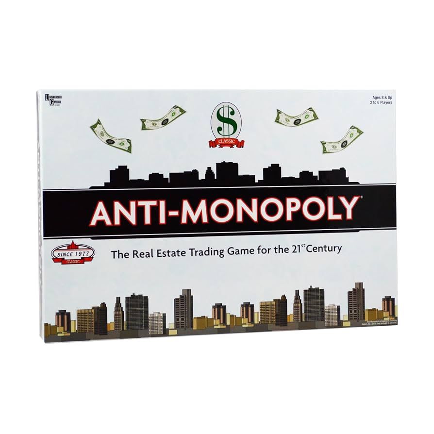 board game "Anti-Monopoly" by University Games, which is marketed as "The Real Estate Trading Game for the 21st Century New sealed
