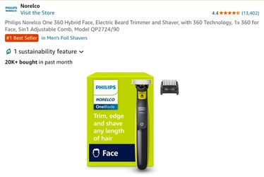 Norelco Philips OneBlade 360 Hybrid Face, Electric Beard Trimmer and Shaver, with 360 Blade Technology, 1x 360 Blade for Face, 5in1 Adjustable Comb, M