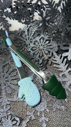 2 Holiday Stainless Locking Tongs w/Silicone Tips Mittens 10.5” & Trees 8.5”