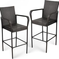 Outdoor Bar Stools Set of 2, Patio Bar Chairs with Armrests and Backrest Wicker Rattan(Dark Gray)  