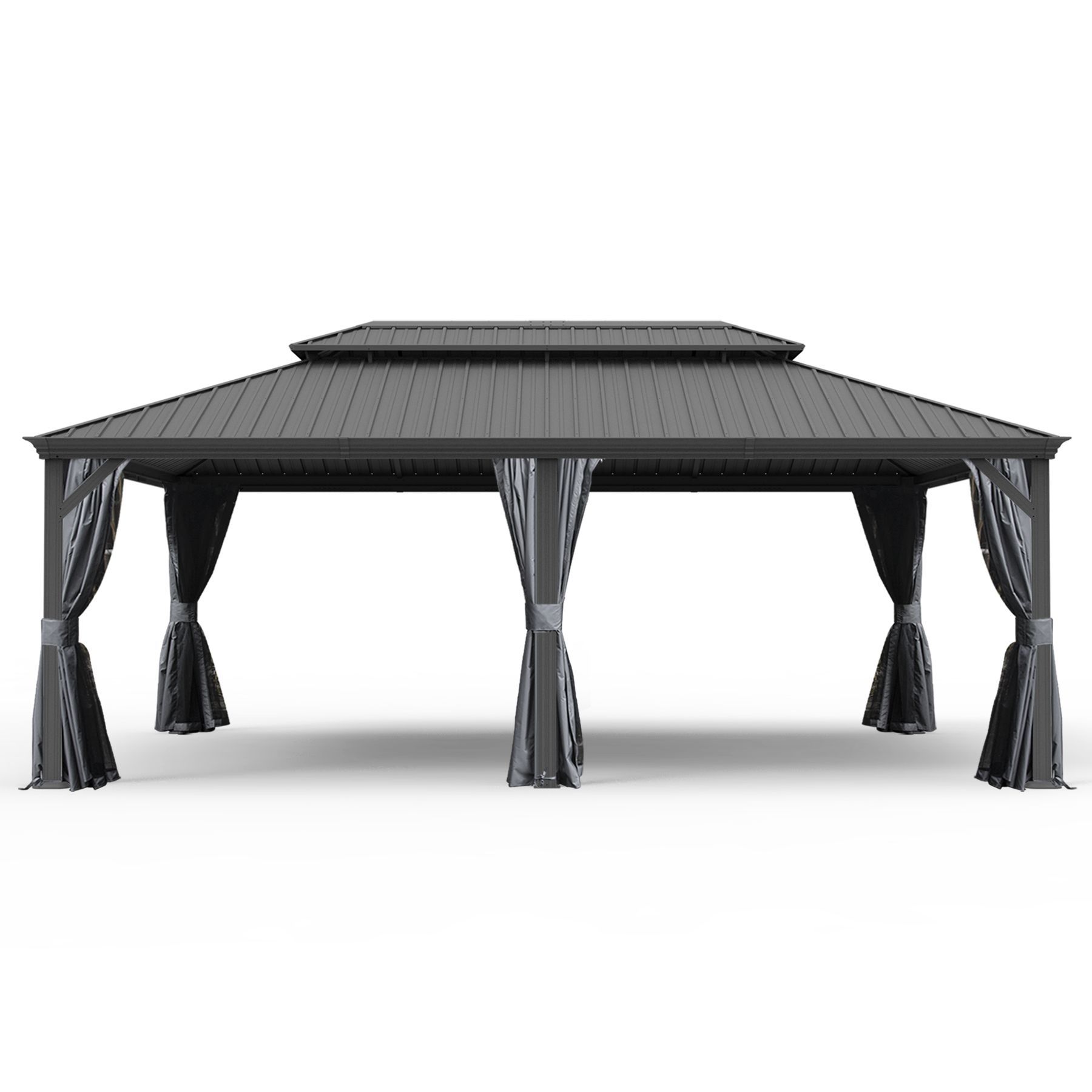 14' X 24' Hardtop Gazebo, Upgraded Metal Gazebo with Drainage System, Dual-Layer Galvanized Steel Roof, Curtain and Netting, Outdoor Shelter Canopy fo