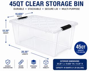 45 QT CLEAR STORAGE BIN WITH LID – STACKABLE STORAGE TOTE – $5 EACH