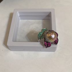 925 Sterling Silver Ruby, Emerald And South Sea Pearl Ring Size 8