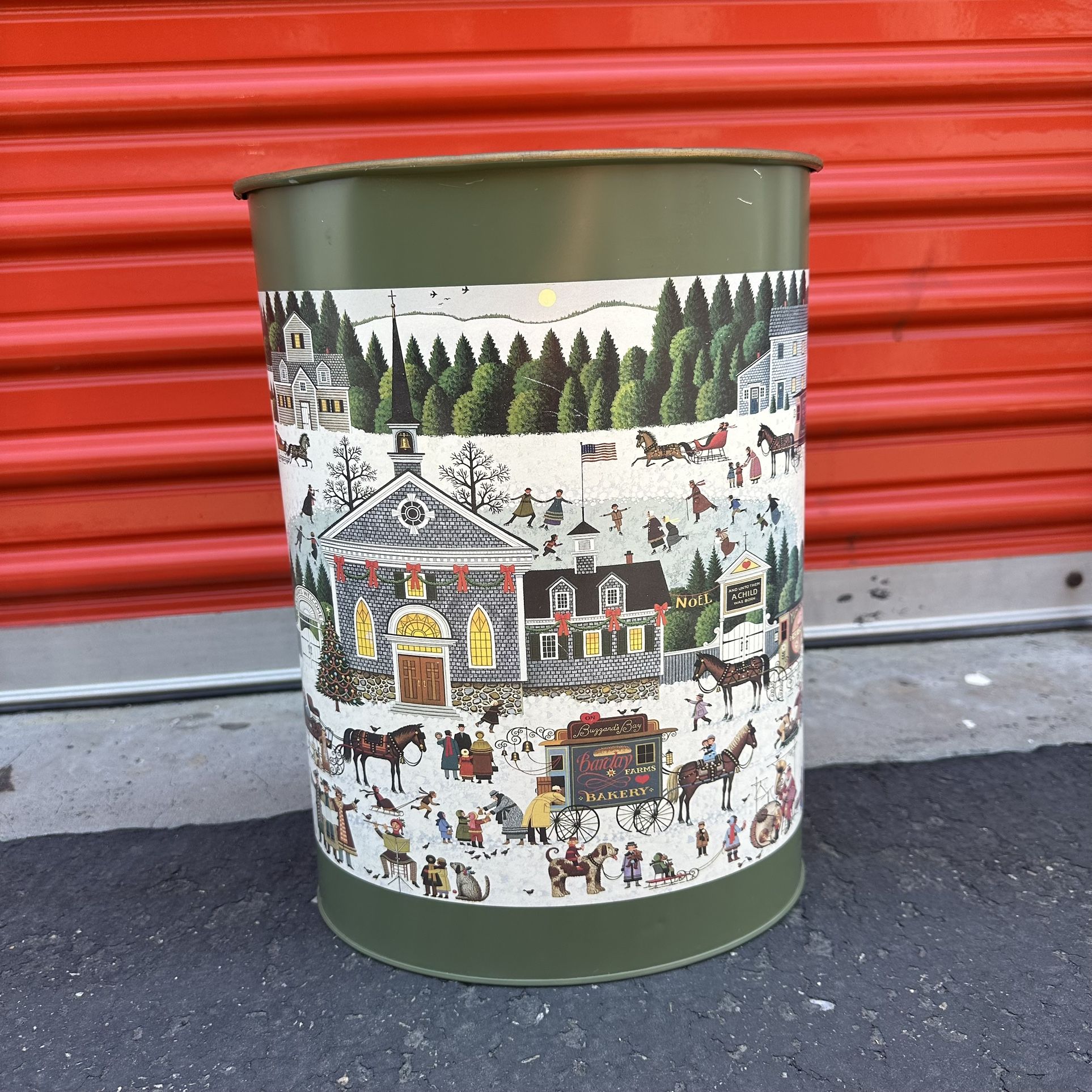 Vintage Charles Wysocki Tin Waste Bin Trash Can - Winter Village Landscape Green Christmas Holiday