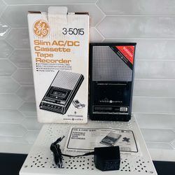 Vintage General Electric AC/DC Slim Cassette Tape Recorder # 3-5015 in Box  Removed from box for photos and tested works great . New old stock