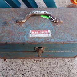 Old Blue Grass Tool Box With Old Tools 